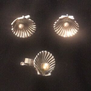 Vintage Silver Clam Shell & Pearl Tie Clip & Cuff Links